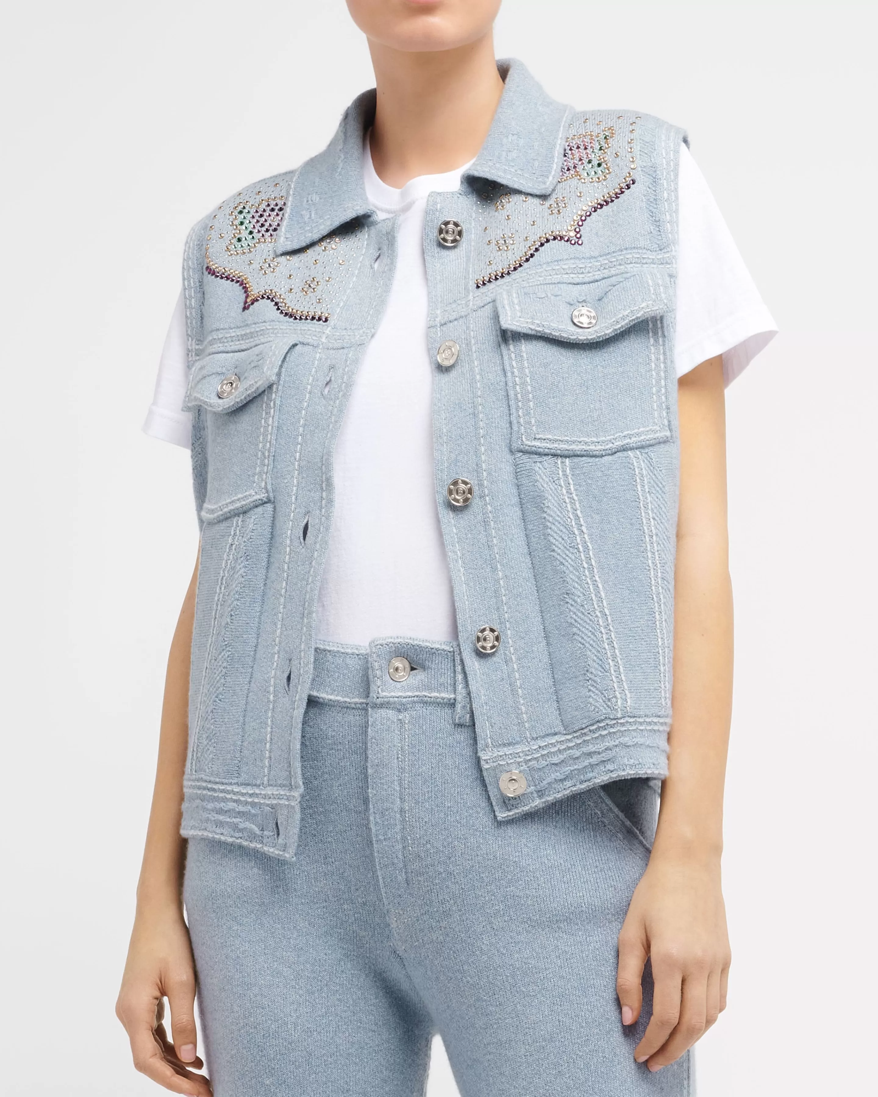 Barrie Oversize Sleeveless Strassed Denim Jacket In Cashmere And Cotton Discount