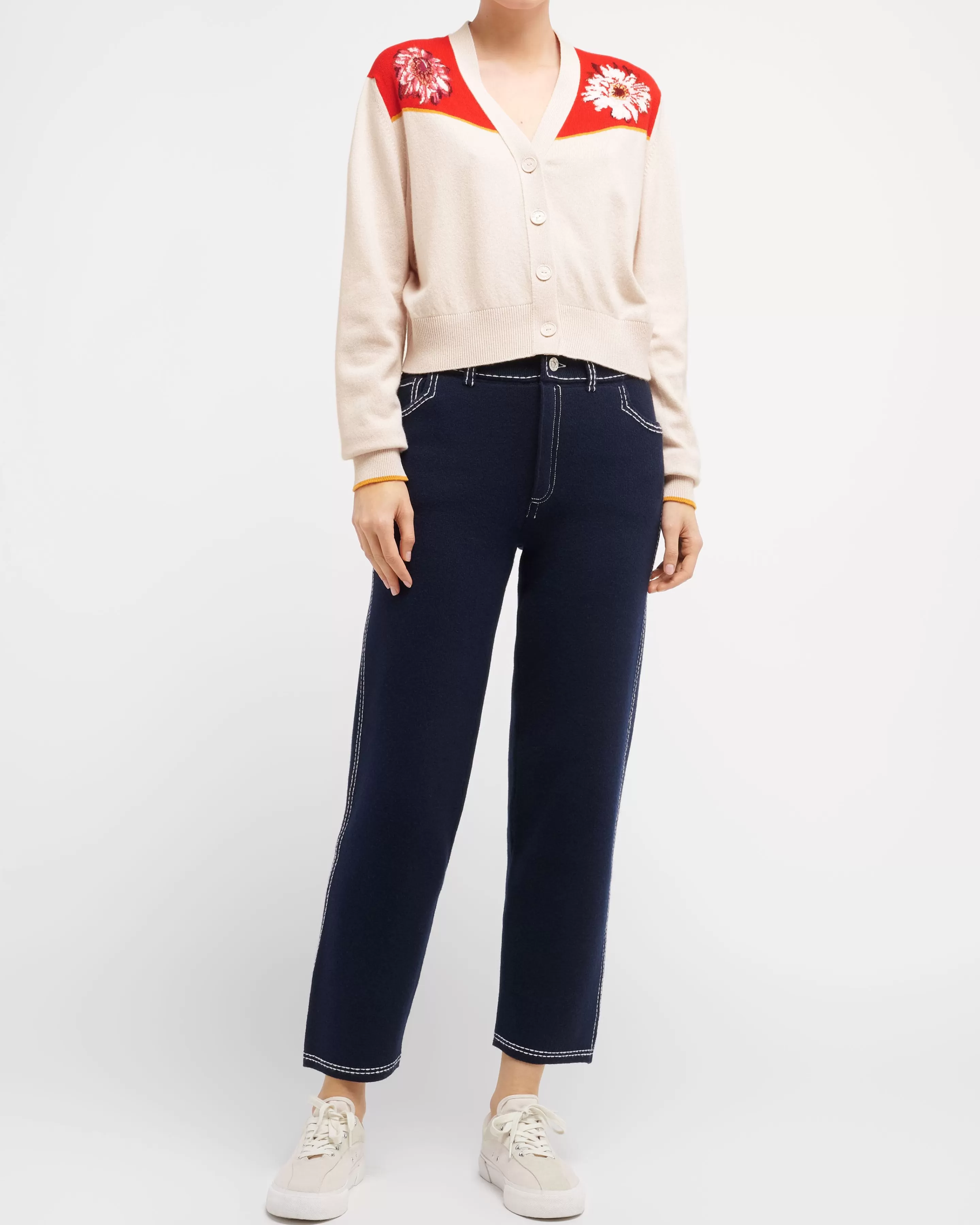 Barrie V-Neck Cardigan In Cashmere And Cotton With A Floral Motif Hot